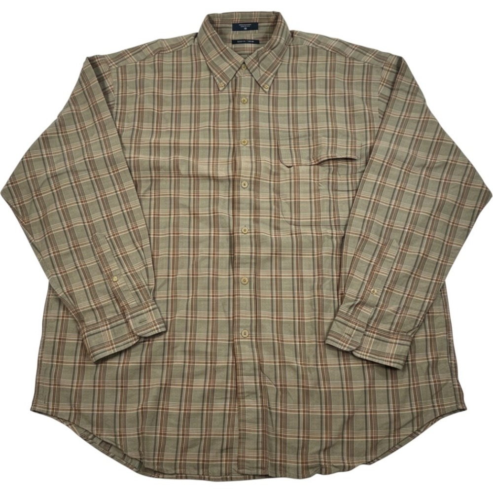 Nautica Mens XL Plaid Button Down Shirt Khaki Brown Orange 100% Cotton LS